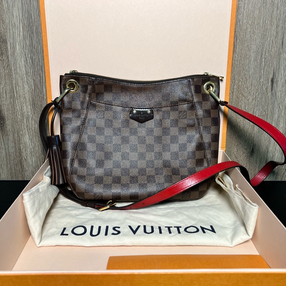 Louis Vuitton Checkered Shoulder Bag with Red Strap
